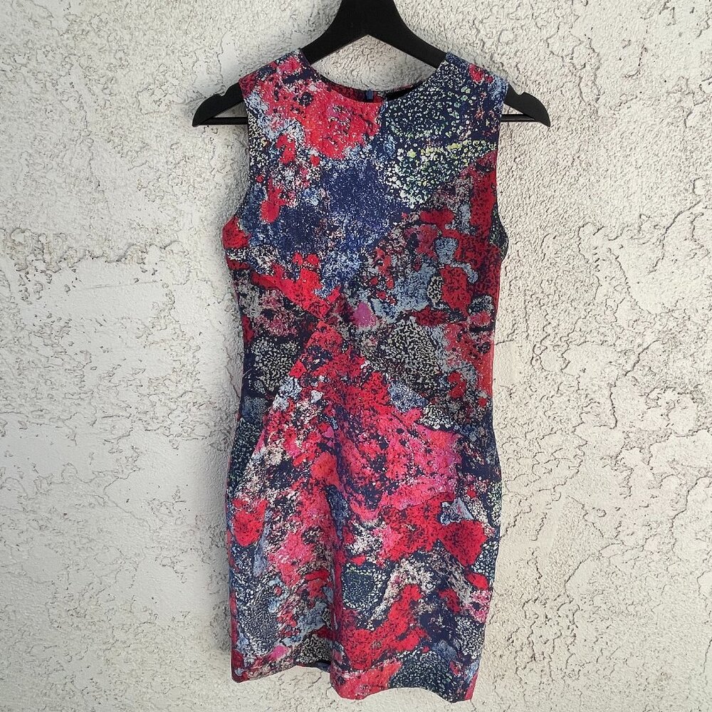 Nonoo New York 100% Silk Abstract Print Sleeveless Sheath Dress Sz 4 Made in USA